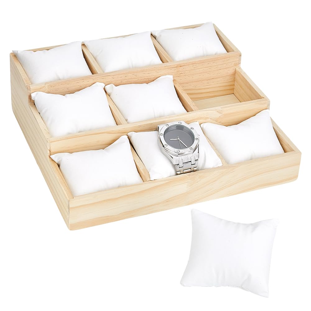PH PandaHall Wooden Watch Tray, 3-Tier 9 Grids Watch Organizer Stepped Jewelry Tray Bracelet Bangle Display Case Holder Jewelry Show Trays with Adjustable Pillow for Men Women Watches Bracelet Stacks