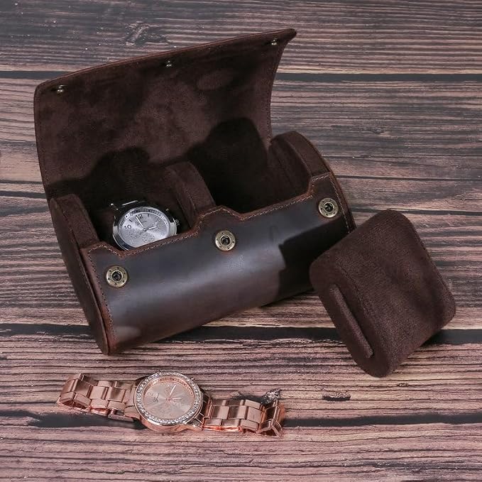 Genuine Leather Watch Roll Travel Case,2 Slots Vintage Full Grain Leather Watch Box with Pillow for Men,Watch Storage Organizer for Home Storage, Gifts