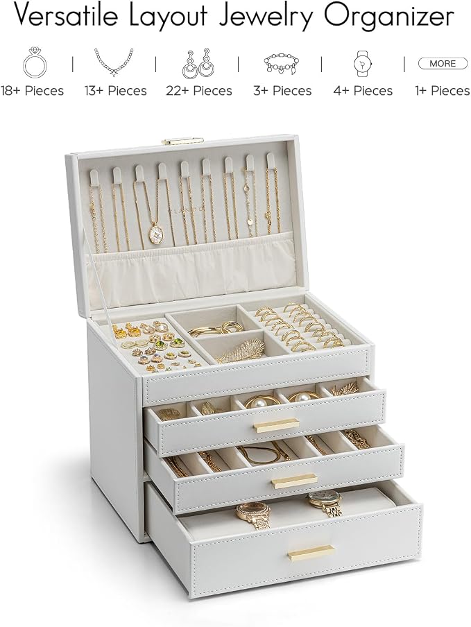 VLANDO 4 Layer Large Jewelry Box - Jewelry Holder Organizer, Jewelry Box Organizer for Drawer Necklace Ring Bracelet and Watch, Birthday Gift for Loved Ones - White