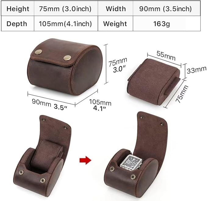 Leather Single Watch Case,Genuine Leather Vintage Watch Roll Travel Case for Storage Organizer Display (1 Slot)