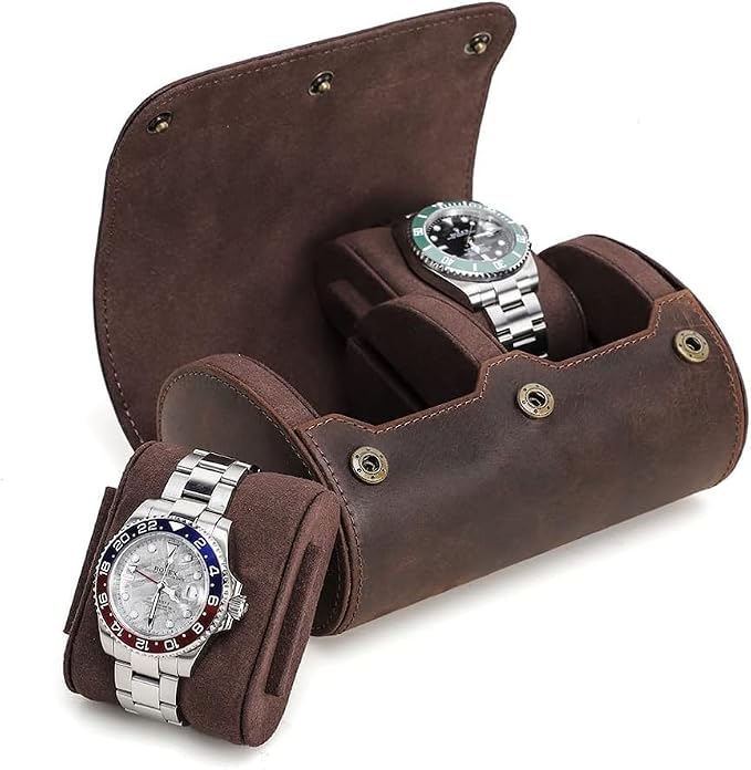 Genuine Leather Watch Roll Travel Case,2 Slots Vintage Full Grain Leather Watch Box with Pillow for Men,Watch Storage Organizer for Home Storage, Gifts