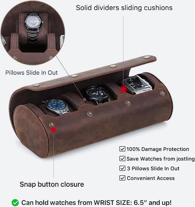 Genuine Leather Watch Roll Travel Case,3 Slots Vintage Full Grain Leather Watch Box with Pillow for Men,Watch Storage Organizer for Home Storage,Gifts