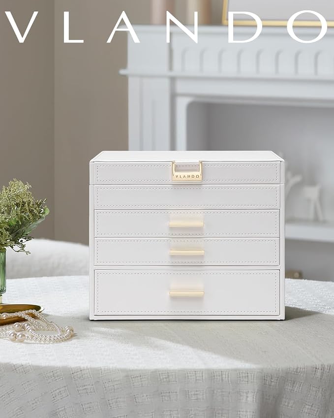 VLANDO 4 Layer Large Jewelry Box - Jewelry Holder Organizer, Jewelry Box Organizer for Drawer Necklace Ring Bracelet and Watch, Birthday Gift for Loved Ones - White