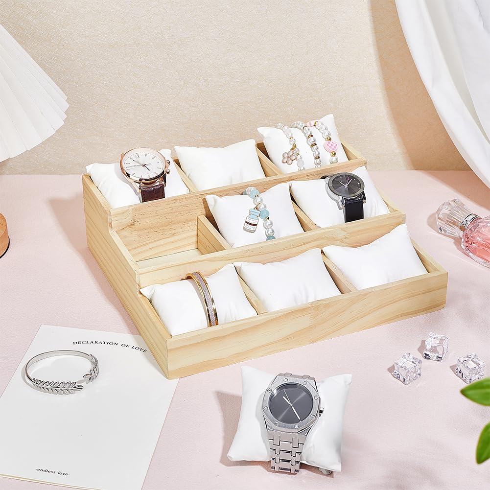 PH PandaHall Wooden Watch Tray, 3-Tier 9 Grids Watch Organizer Stepped Jewelry Tray Bracelet Bangle Display Case Holder Jewelry Show Trays with Adjustable Pillow for Men Women Watches Bracelet Stacks
