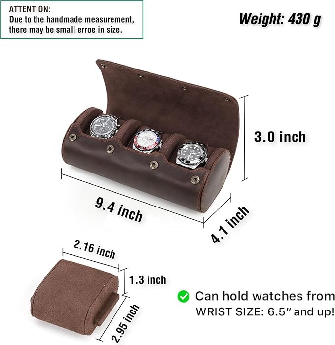 Genuine Leather Watch Roll Travel Case,3 Slots Vintage Full Grain Leather Watch Box with Pillow for Men,Watch Storage Organizer for Home Storage,Gifts