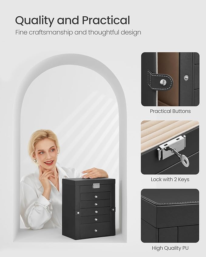 SONGMICS Jewelry Box Organizer, 6-Layer with 5 Drawers, Black | Jewelry Storage Case with Lock and Mirror, Large Storage Capacity, for Necklaces, Watches, Gift for Loved Ones UJBC152B01