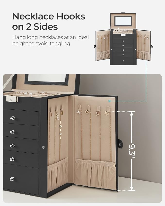 SONGMICS Jewelry Box Organizer, 6-Layer with 5 Drawers, Black | Jewelry Storage Case with Lock and Mirror, Large Storage Capacity, for Necklaces, Watches, Gift for Loved Ones UJBC152B01