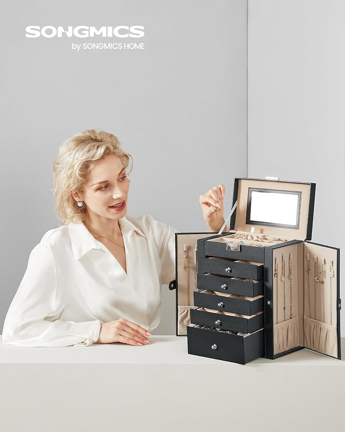 SONGMICS Jewelry Box Organizer, 6-Layer with 5 Drawers, Black | Jewelry Storage Case with Lock and Mirror, Large Storage Capacity, for Necklaces, Watches, Gift for Loved Ones UJBC152B01