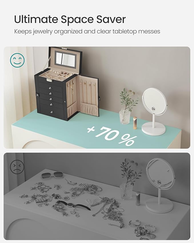 SONGMICS Jewelry Box Organizer, 6-Layer with 5 Drawers, Black | Jewelry Storage Case with Lock and Mirror, Large Storage Capacity, for Necklaces, Watches, Gift for Loved Ones UJBC152B01