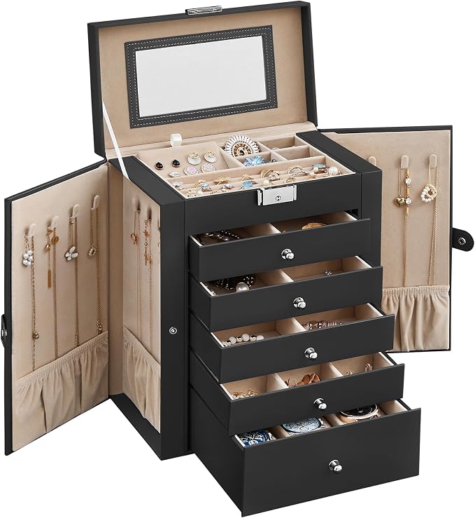 SONGMICS Jewelry Box Organizer, 6-Layer with 5 Drawers, Black | Jewelry Storage Case with Lock and Mirror, Large Storage Capacity, for Necklaces, Watches, Gift for Loved Ones UJBC152B01