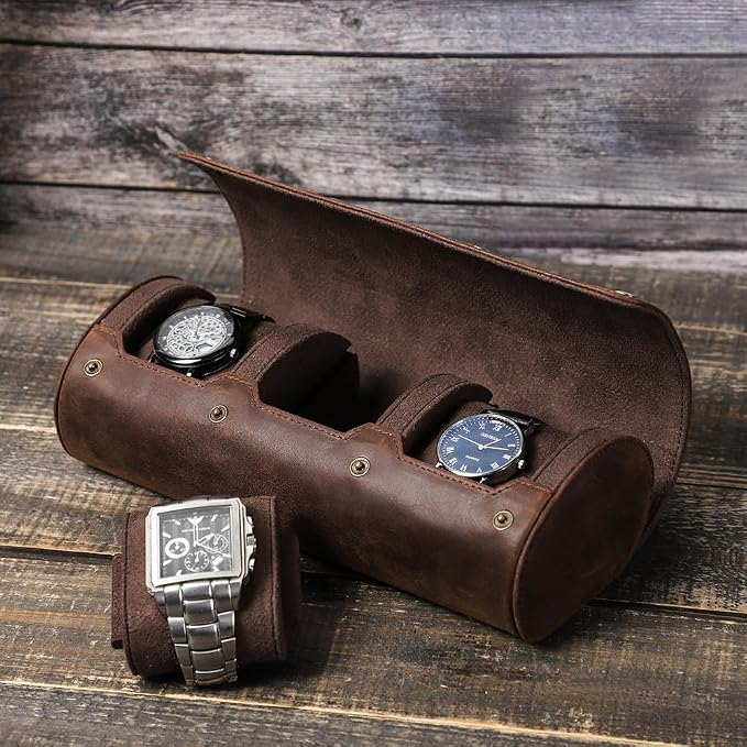 Genuine Leather Watch Roll Travel Case,3 Slots Vintage Full Grain Leather Watch Box with Pillow for Men,Watch Storage Organizer for Home Storage,Gifts
