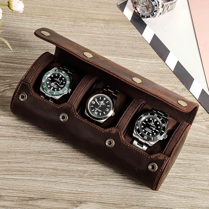 Genuine Leather Watch Roll Travel Case,3 Slots Vintage Full Grain Leather Watch Box with Pillow for Men,Watch Storage Organizer for Home Storage,Gifts