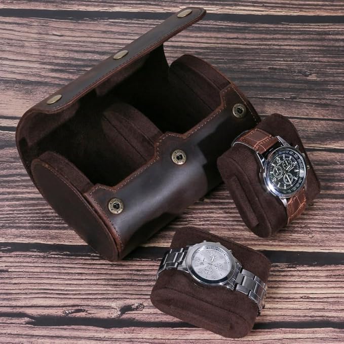 Genuine Leather Watch Roll Travel Case,2 Slots Vintage Full Grain Leather Watch Box with Pillow for Men,Watch Storage Organizer for Home Storage, Gifts