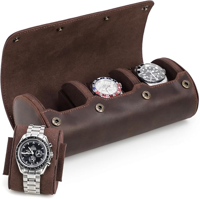 Genuine Leather Watch Roll Travel Case,3 Slots Vintage Full Grain Leather Watch Box with Pillow for Men,Watch Storage Organizer for Home Storage,Gifts