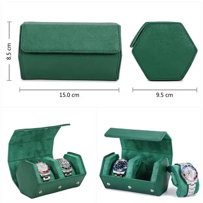 Green Leather Watch Case for Men Watch Roll Travel  Display-2 Slots