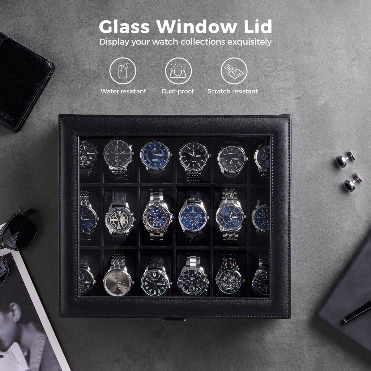 Watch Box with Glass Lid, 3-18 Slots PU Leather Watch Storage Organizer & Display Case | ProCase