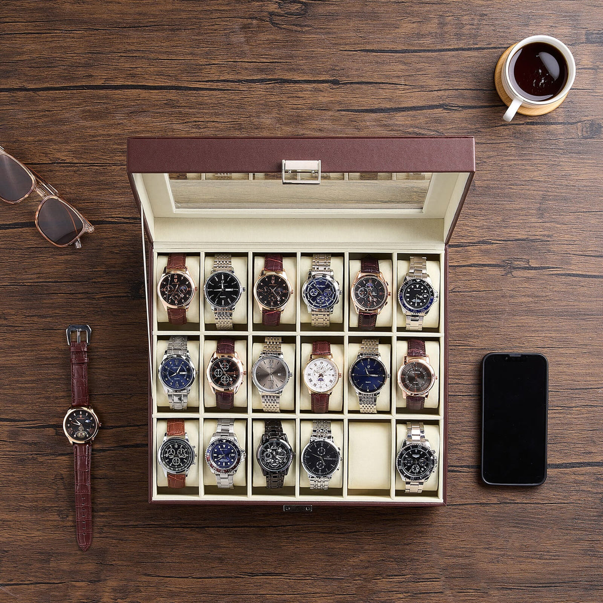 Watch Box with Glass Lid, 3-18 Slots PU Leather Watch Storage Organizer & Display Case | ProCase