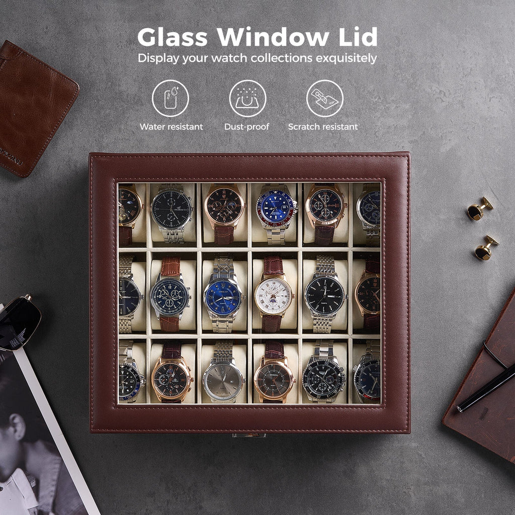 Watch Box with Glass Lid, 3-18 Slots PU Leather Watch Storage Organizer & Display Case | ProCase