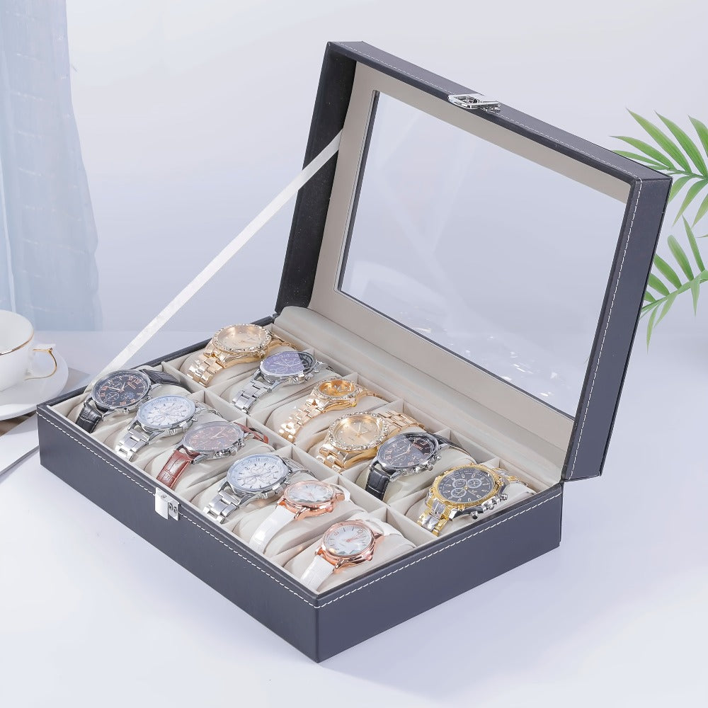Jewelry Box - Watch Box 10 / 12 Slot Large Glass Lid - Watch Case Organizer with Removable Watch Pillows