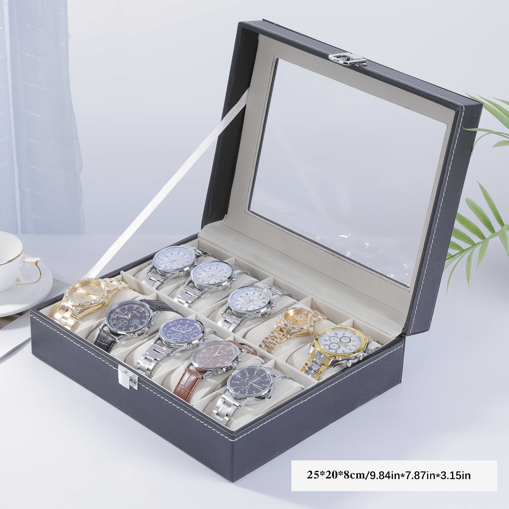 Jewelry Box - Watch Box 10 / 12 Slot Large Glass Lid - Watch Case Organizer with Removable Watch Pillows