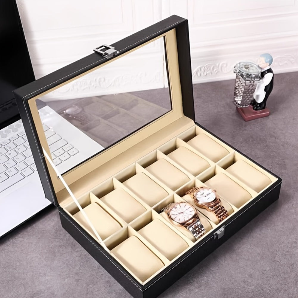 Jewelry Box - Watch Box 10 / 12 Slot Large Glass Lid - Watch Case Organizer with Removable Watch Pillows