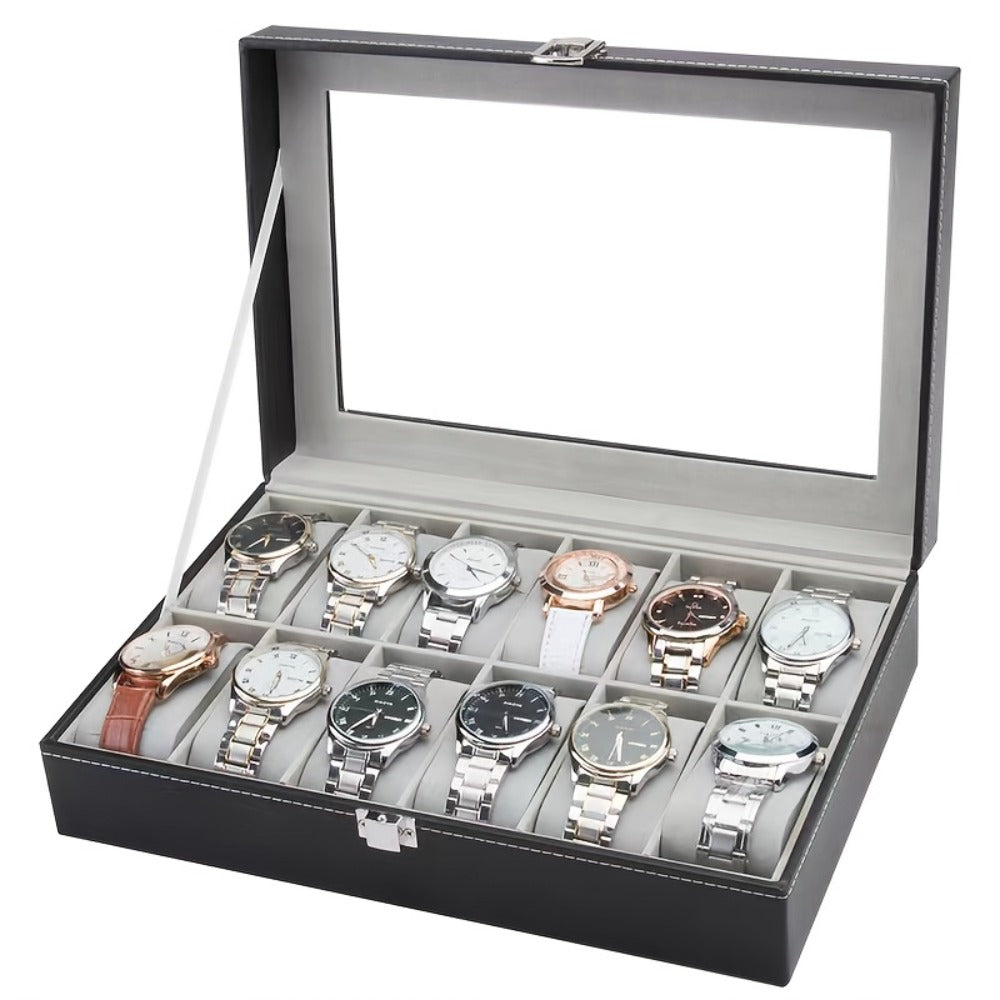 Jewelry Box - Watch Box 10 / 12 Slot Large Glass Lid - Watch Case Organizer with Removable Watch Pillows