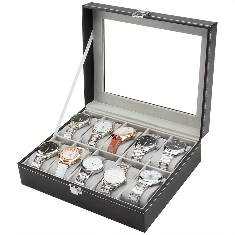 Jewelry Box - Watch Box 10 / 12 Slot Large Glass Lid - Watch Case Organizer with Removable Watch Pillows