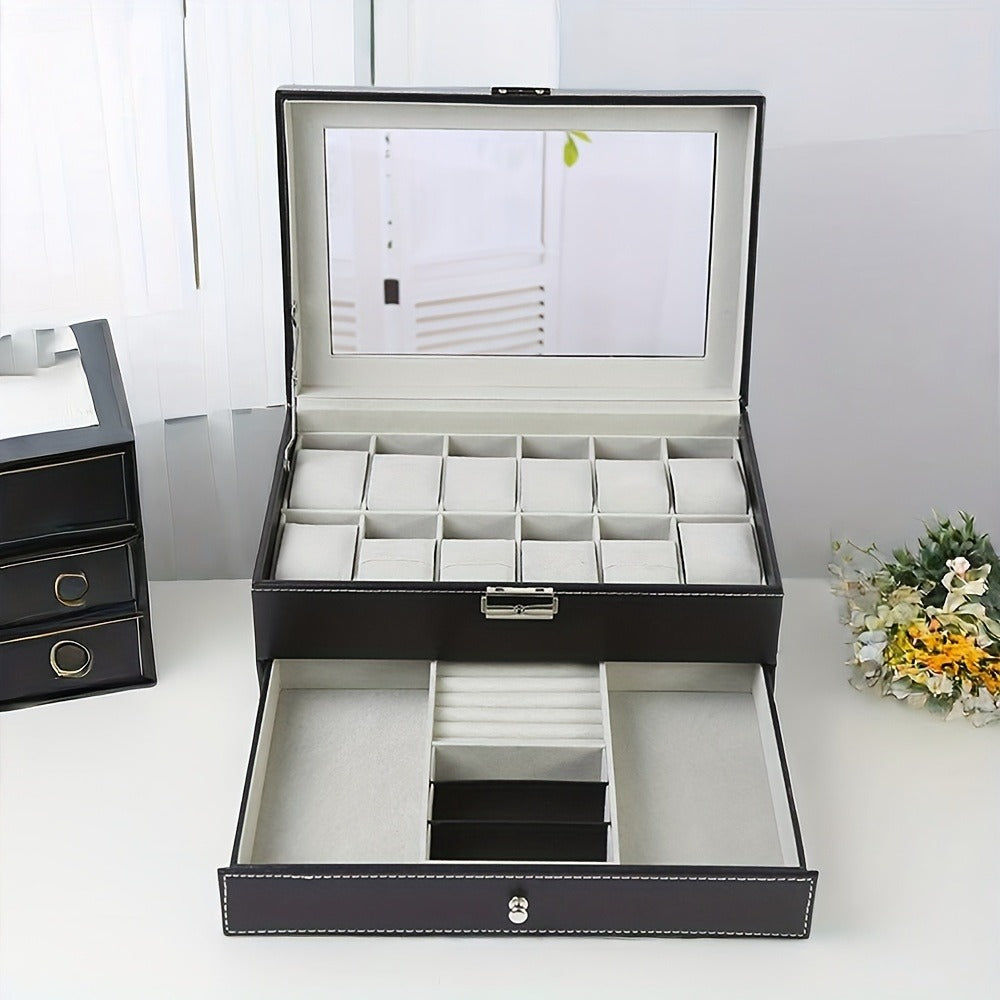 Jewelry Box - Watch Box 12 Slot Faux Leather with Lock - Single & Double Layer Watch Storage Case with Glass