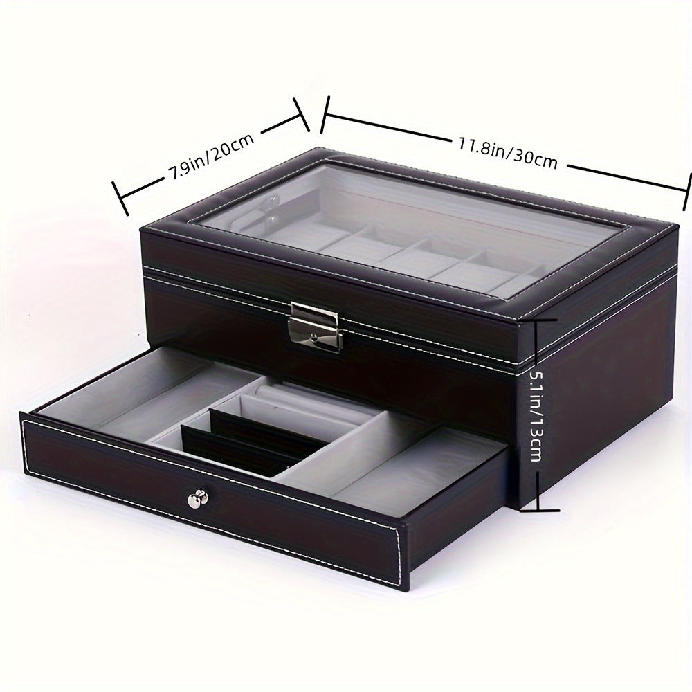 Jewelry Box - Watch Box 12 Slot Faux Leather with Lock - Single & Double Layer Watch Storage Case with Glass