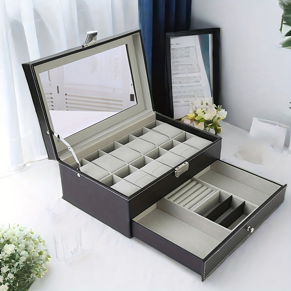 Jewelry Box - Watch Box 12 Slot Faux Leather with Lock - Single & Double Layer Watch Storage Case with Glass