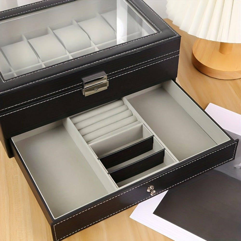 Jewelry Box - Watch Box 12 Slot Faux Leather with Lock - Single & Double Layer Watch Storage Case with Glass