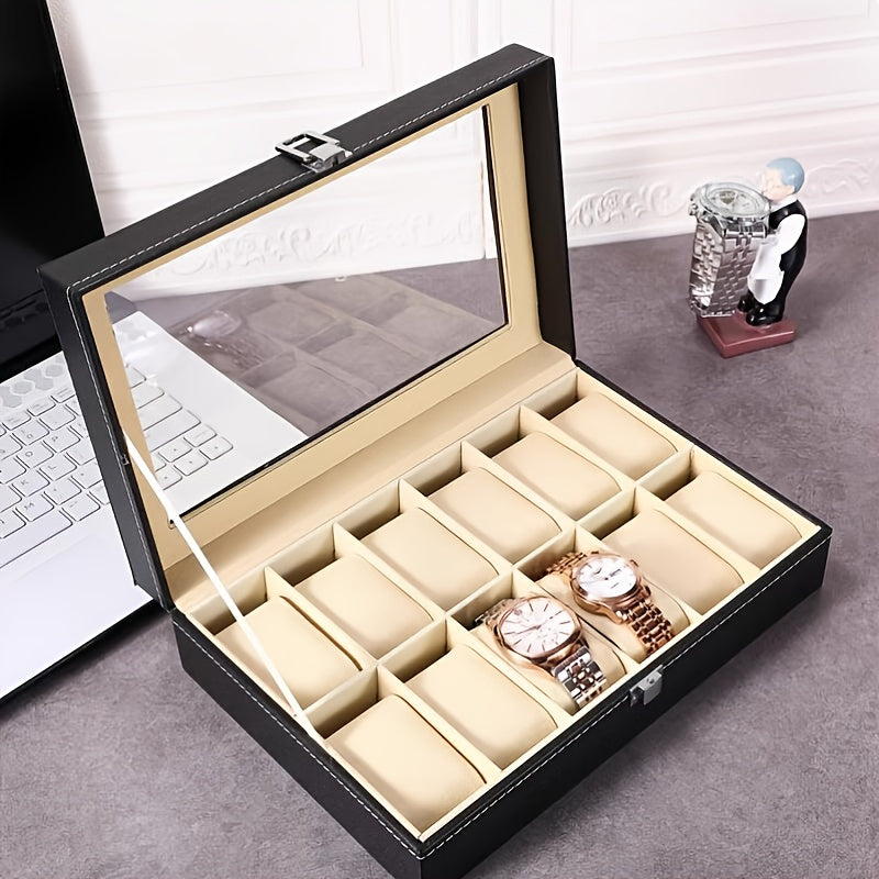 Jewelry Box - Watch Box 12 Slot Faux Leather with Lock - Single & Double Layer Watch Storage Case with Glass