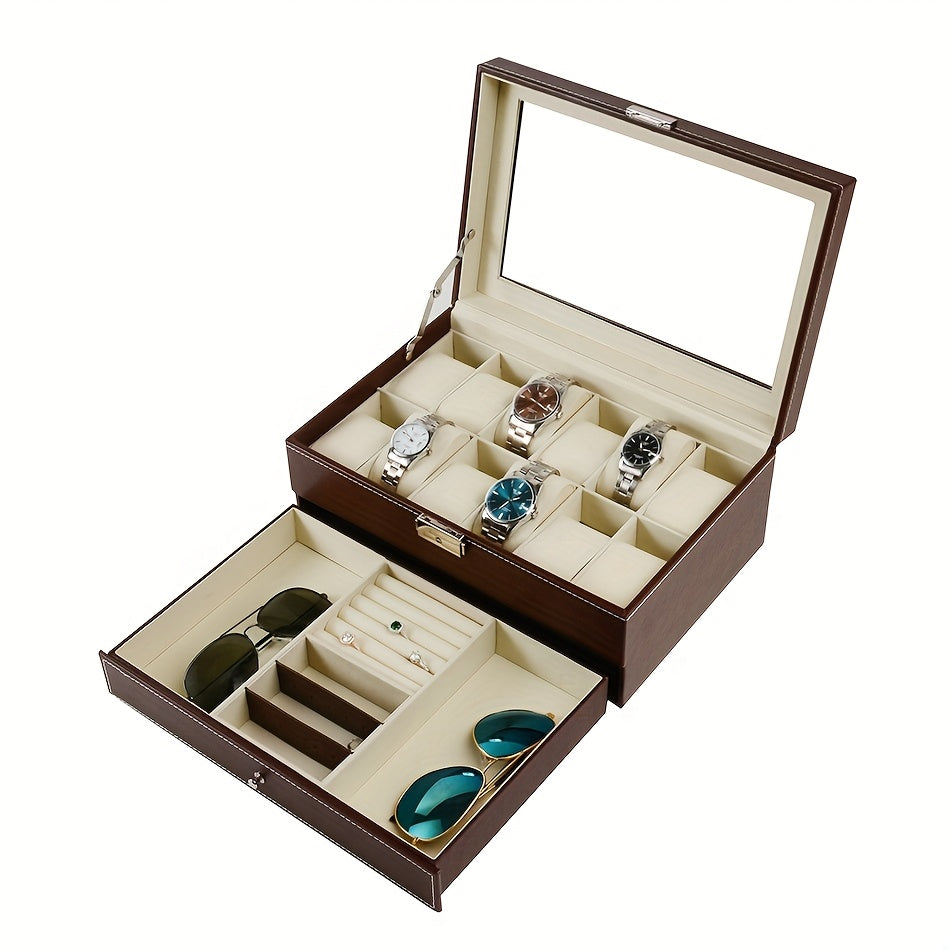 Jewelry Box - Watch Box 12 Slot Faux Leather with Lock - Single & Double Layer Watch Storage Case with Glass