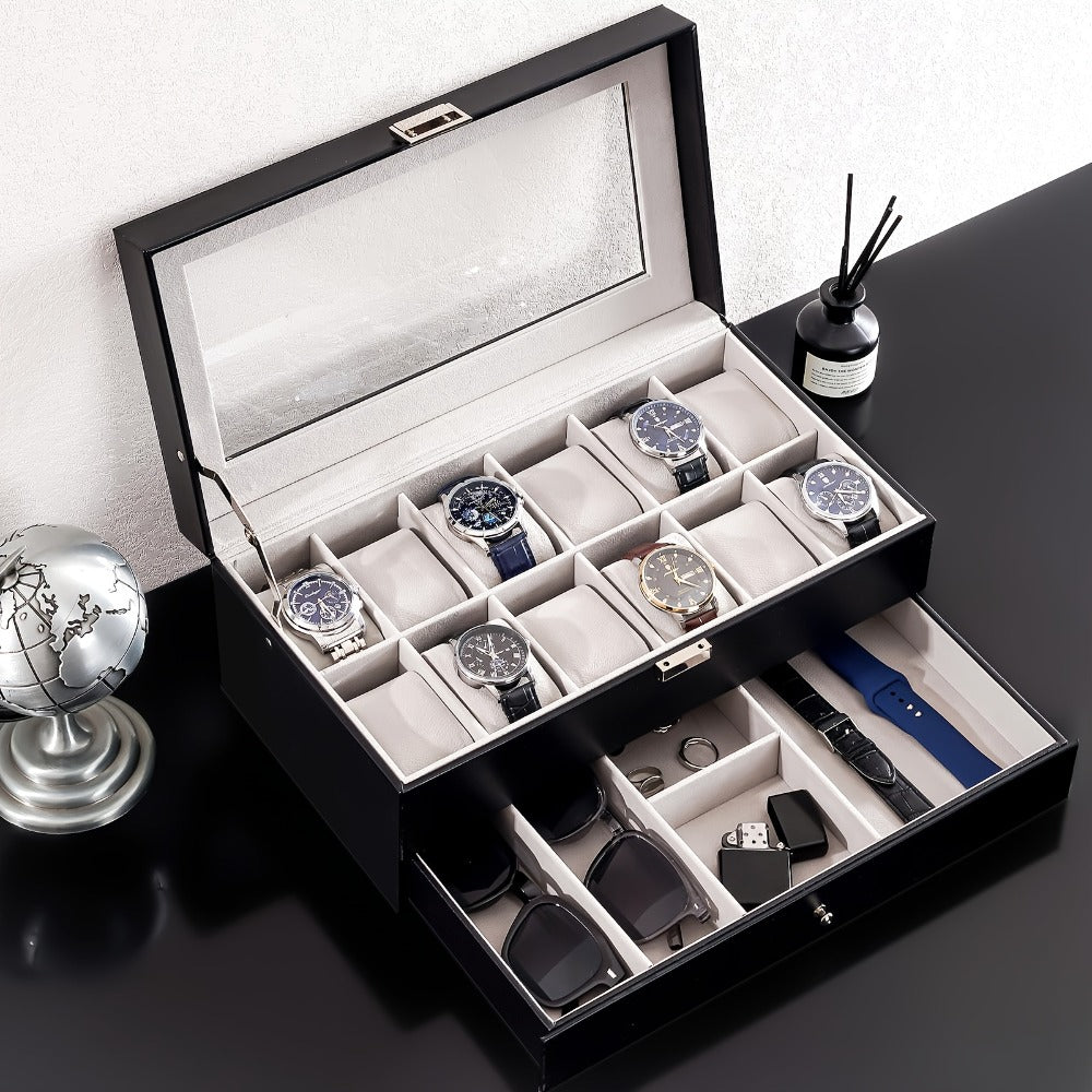Watch Box Collection with 10-Slot and 12-Slot Single-Layer Cases plus Brown or Black Drawer Styles