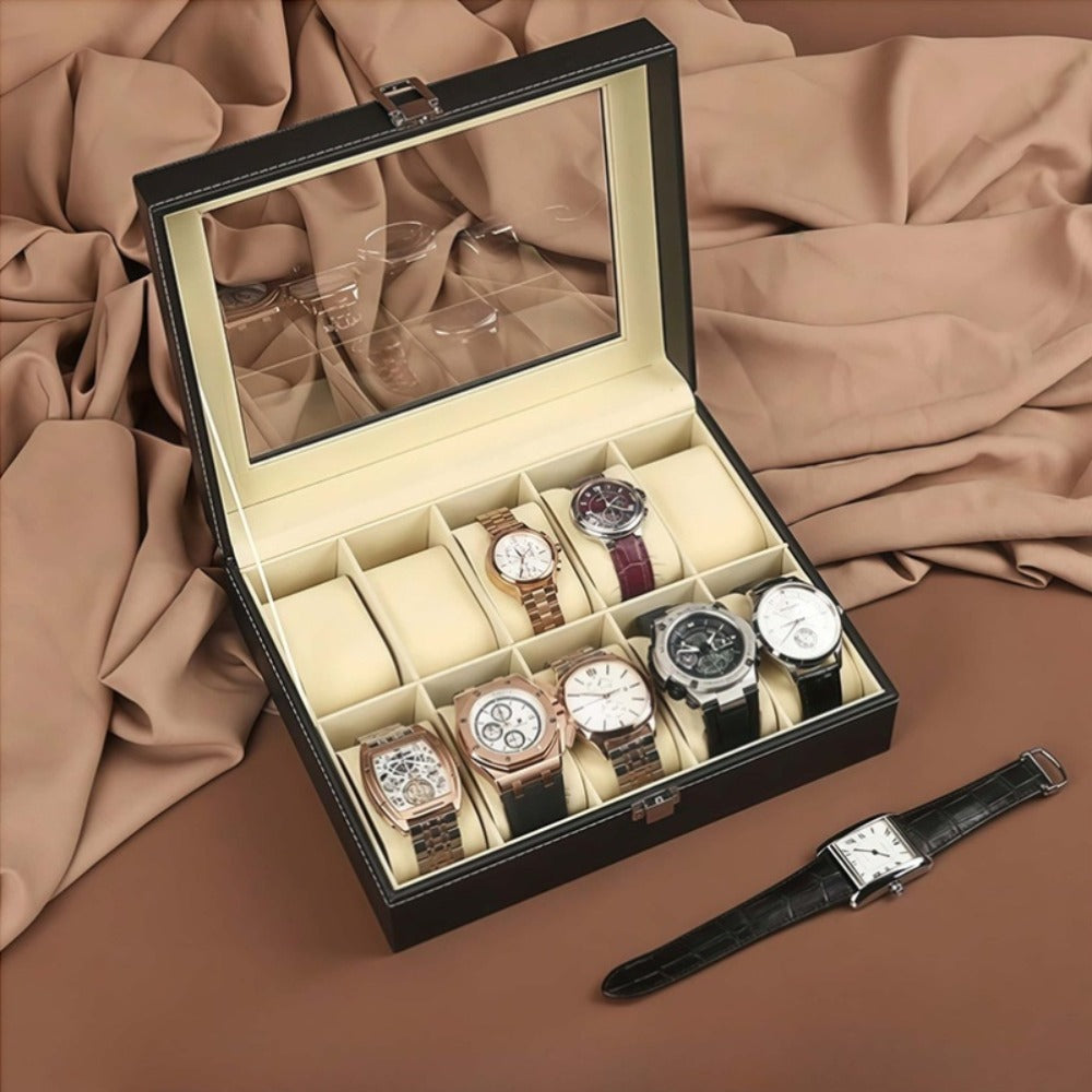 Watch Box Collection with 10-Slot and 12-Slot Single-Layer Cases plus Brown or Black Drawer Styles
