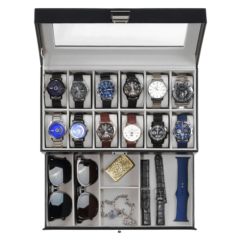 Watch Box Collection with 10-Slot and 12-Slot Single-Layer Cases plus Brown or Black Drawer Styles
