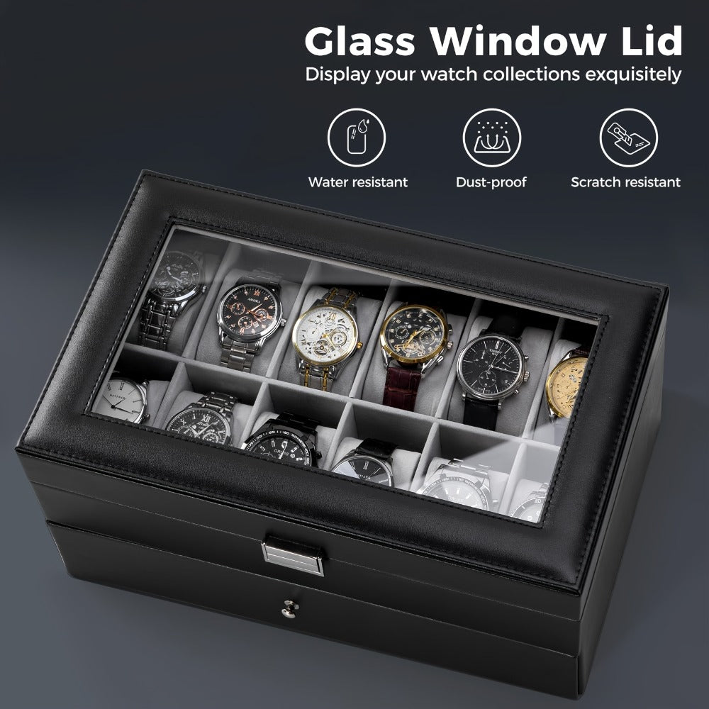 Watch Box Collection with 10-Slot and 12-Slot Single-Layer Cases plus Brown or Black Drawer Styles