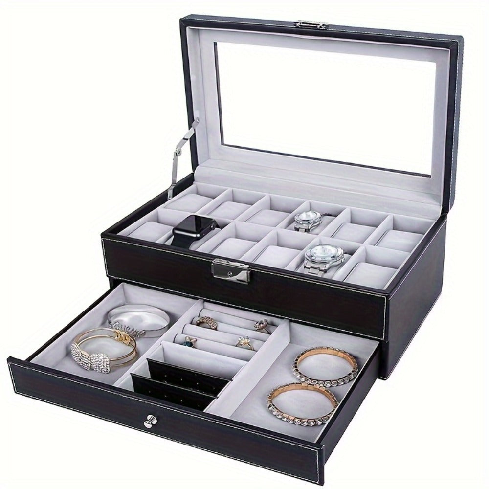 Watch Box Collection with 10-Slot and 12-Slot Single-Layer Cases plus Brown or Black Drawer Styles