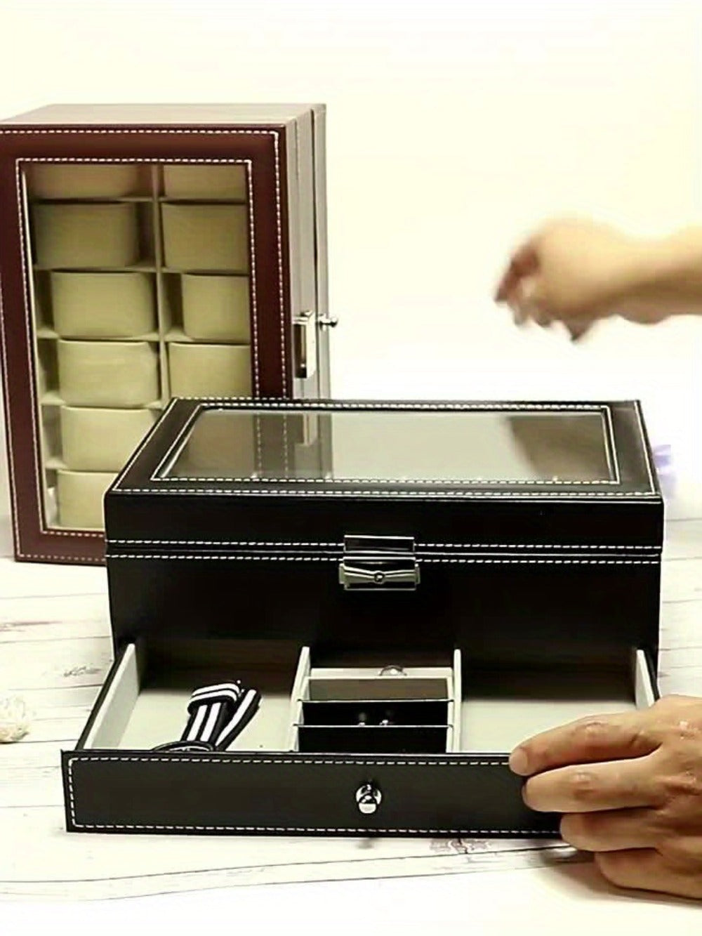Watch Box Collection with 10-Slot and 12-Slot Single-Layer Cases plus Brown or Black Drawer Styles
