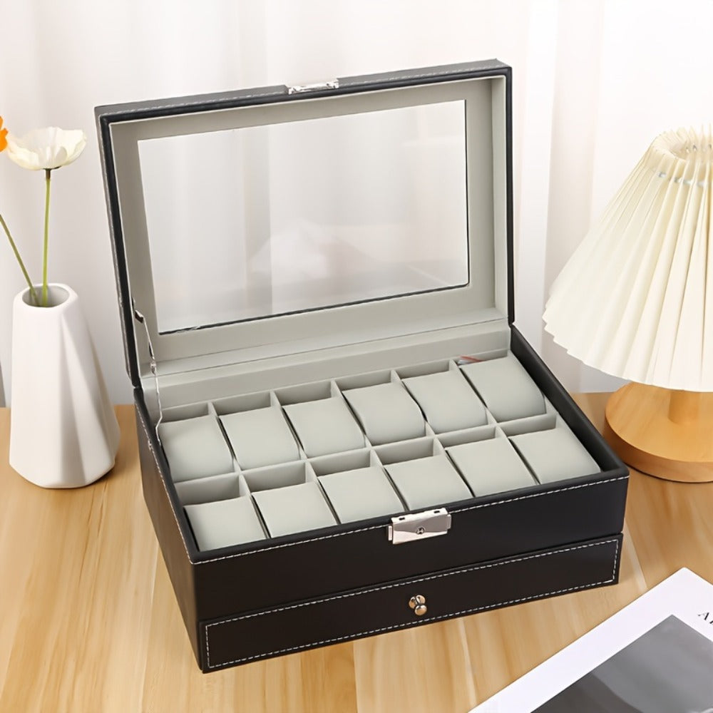 Watch Box Collection with 10-Slot and 12-Slot Single-Layer Cases plus Brown or Black Drawer Styles