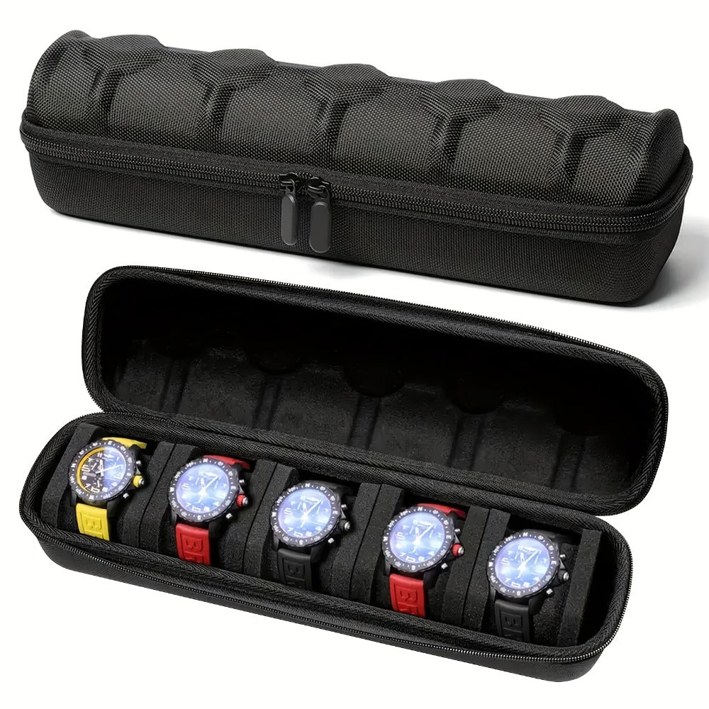 Five-Slot Travel Watch Case with Zippered Hard-Shell Form, Carry Handle and Removable Pillows