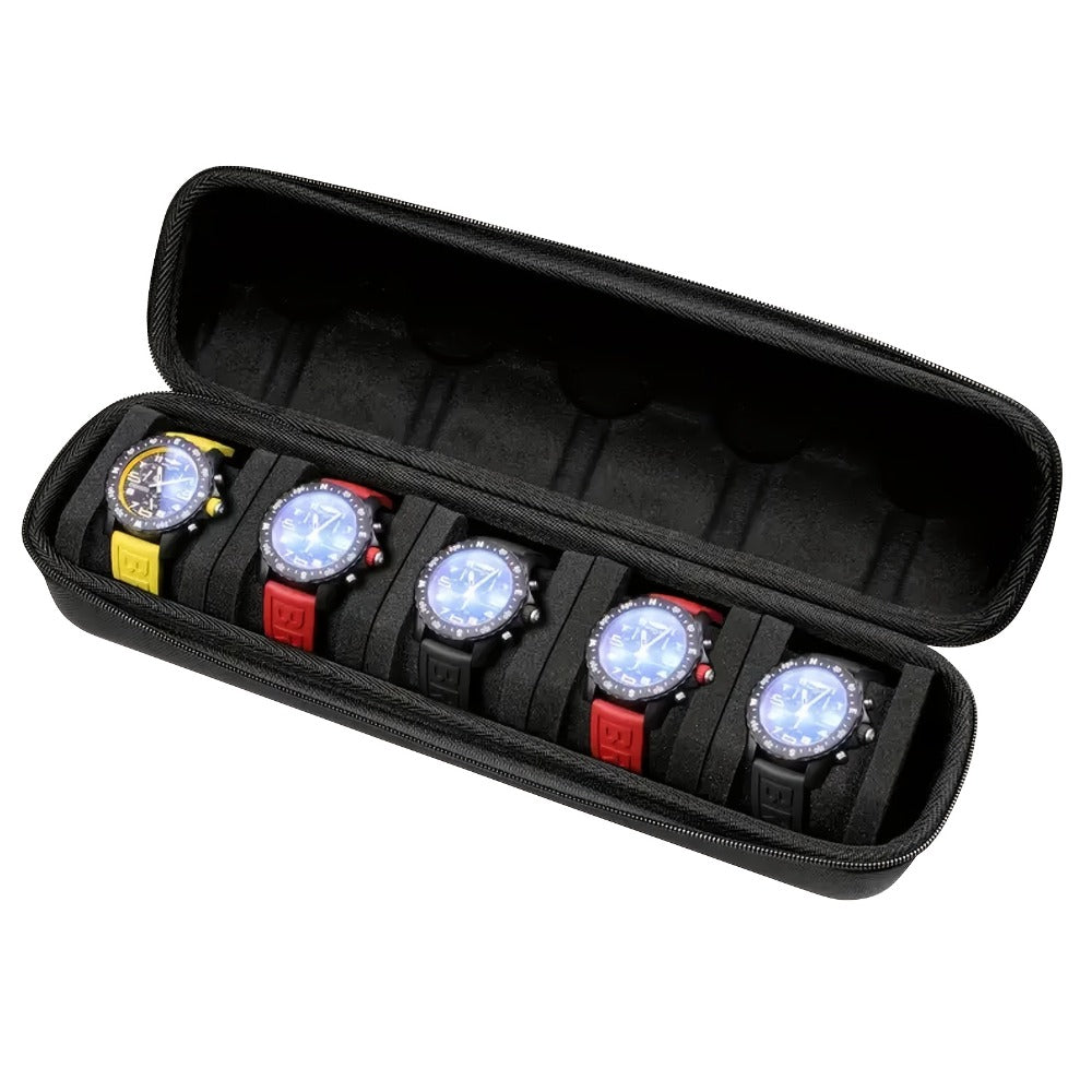 Five-Slot Travel Watch Case with Zippered Hard-Shell Form, Carry Handle and Removable Pillows